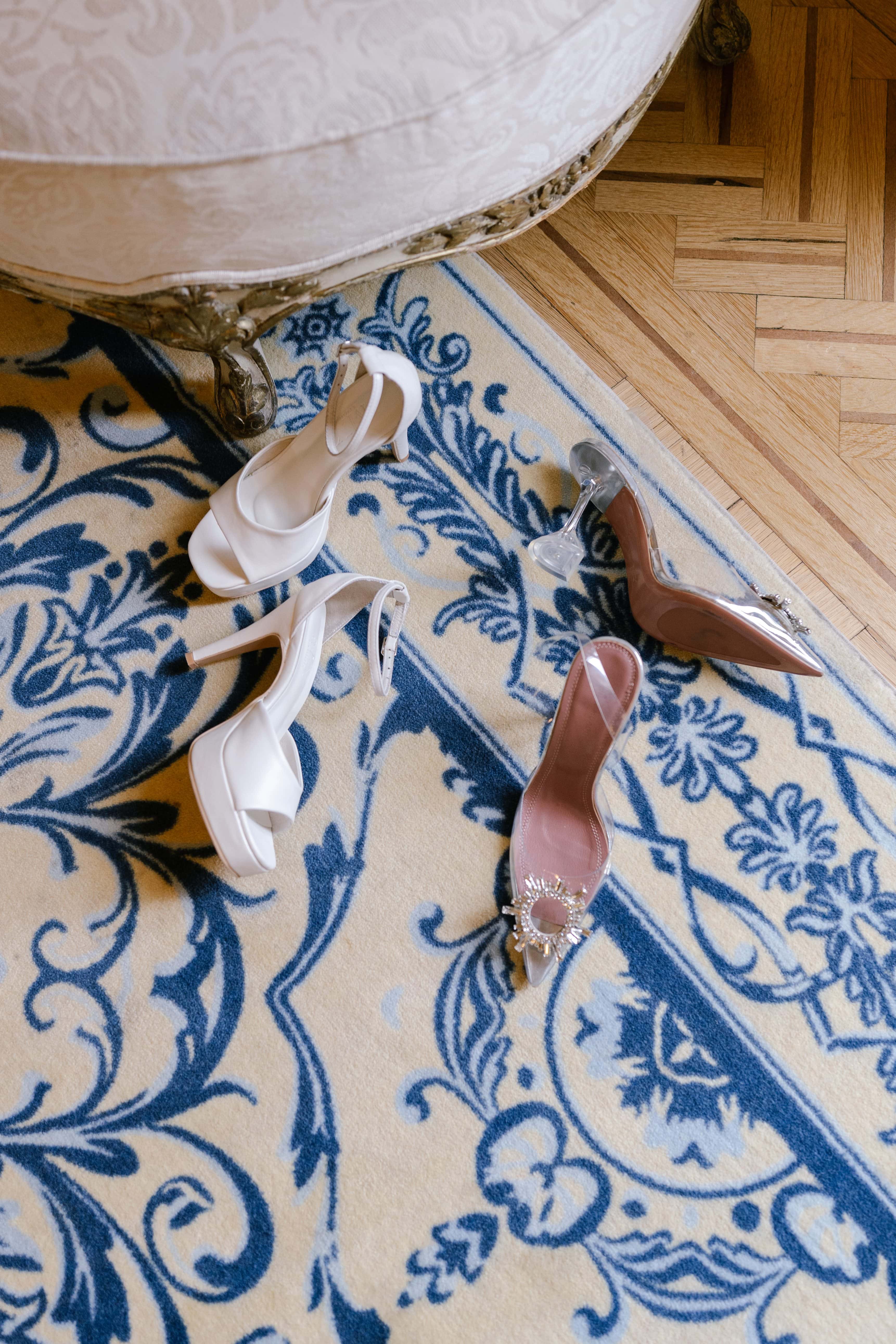 Bridal shoes on a blue-and-cream rug at Pestana Palace, Lisbon Bridal shoes on a blue-and-cream rug at Pestana Palace, Lisbon