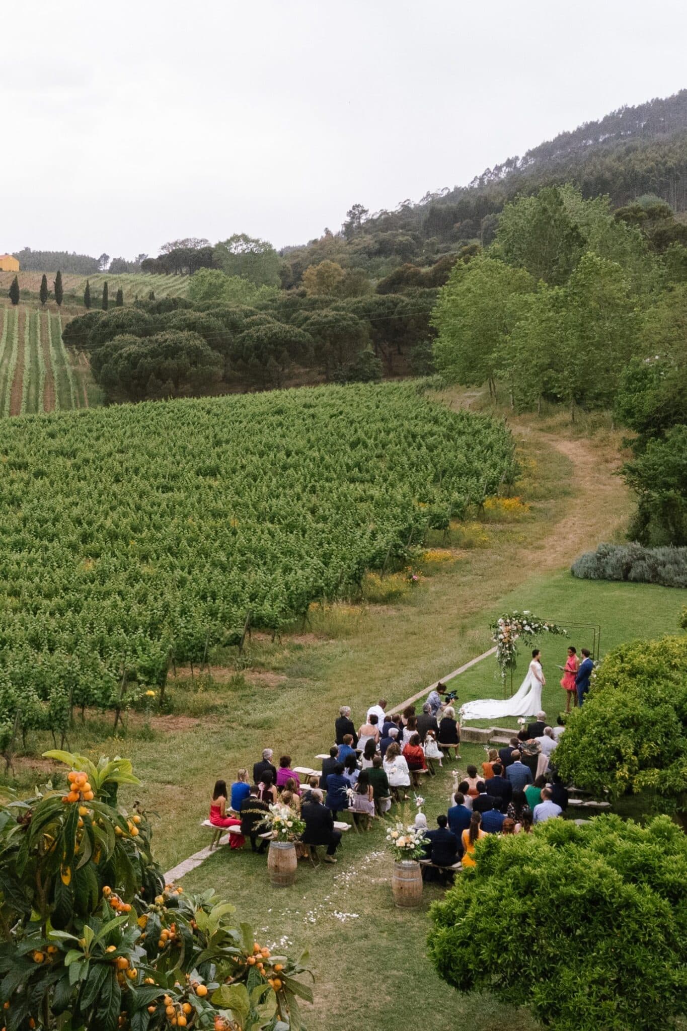 Wedding ceremony in front of a vineyard with guests seated and the couple standing under a floral arch Wedding ceremony in front of a vineyard with guests seated and the couple standing under a floral arch