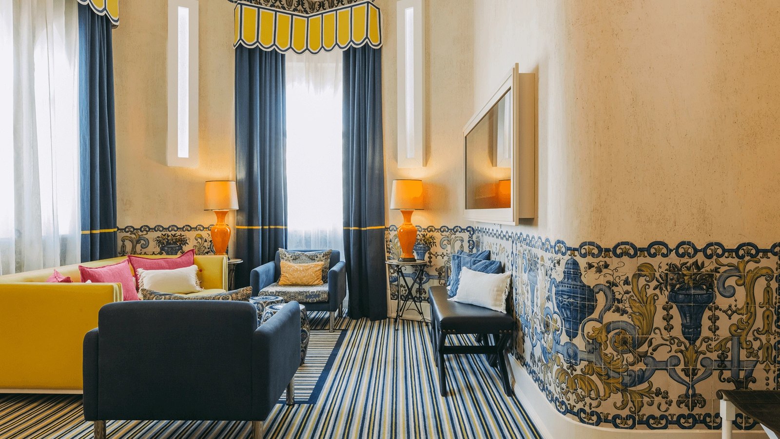 Palace suite with old blue-and-white tile panels and a yellow sofa, Bela Vista Hotel, Praia da Rocha Palace suite with old blue-and-white tile panels and a yellow sofa, Bela Vista Hotel, Praia da Rocha