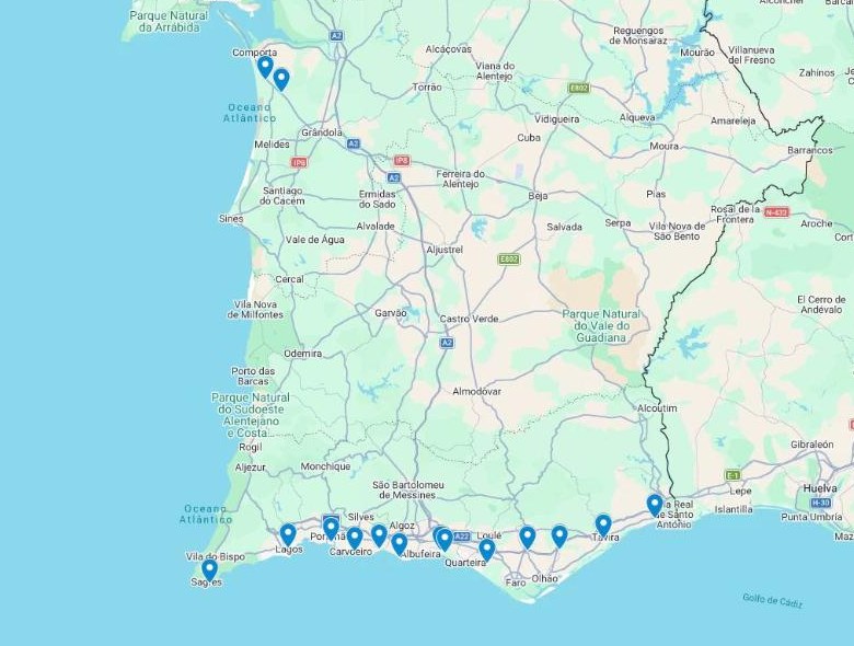 Google map of the Algarve from Sagres to Tavira, and Comporta, with a pin on every hotel in this guide Google map of the Algarve from Sagres to Tavira, and Comporta, with a pin on every hotel in this guide