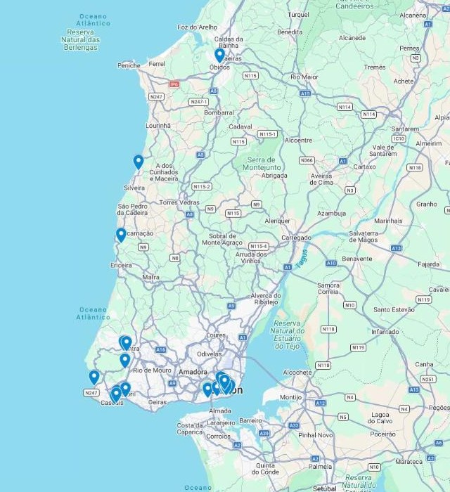 Google map of the coast from Cascais and Sintra to Ericeira and Óbidos with a pin on every hotel in this guide Google map of the coast from Cascais and Sintra to Ericeira and Óbidos with a pin on every hotel in this guide