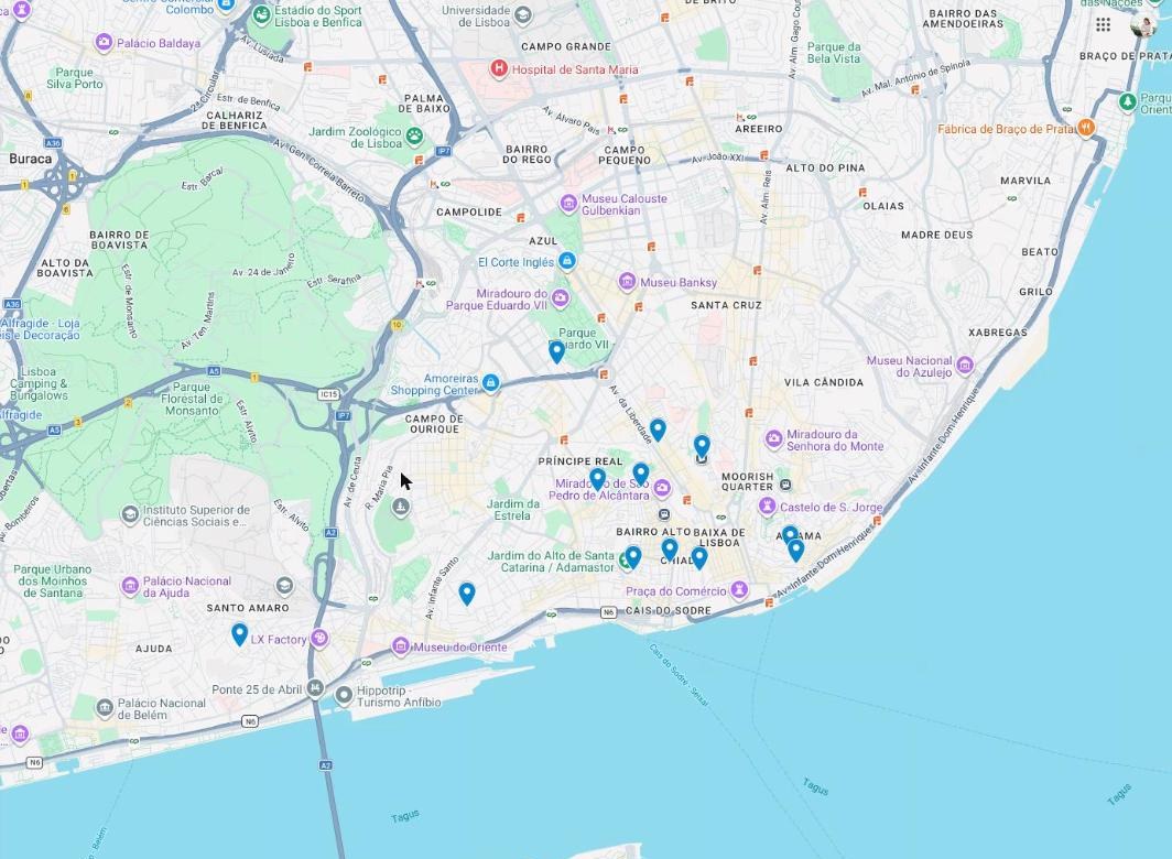 Google map of Lisbon with a pin on every hotel in this guide, from Pestana Palace to Alfama Google map of Lisbon with a pin on every hotel in this guide, from Pestana Palace to Alfama