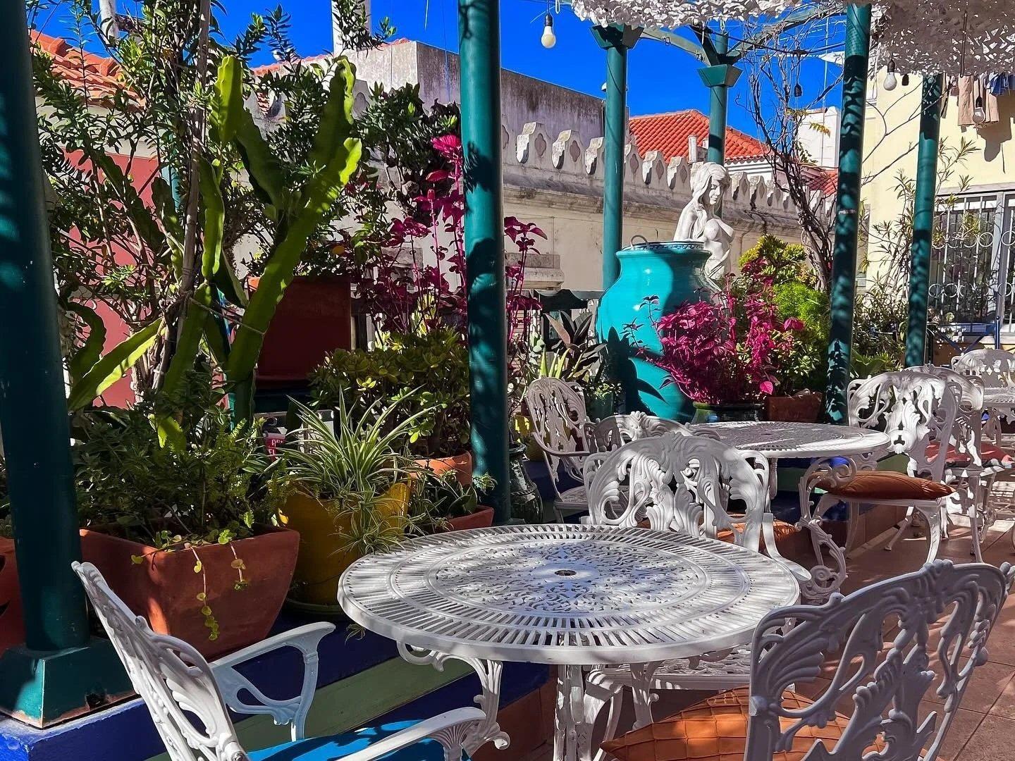 Plant-filled courtyard terrace with a white wrought-iron table at House of Wonders, Cascais