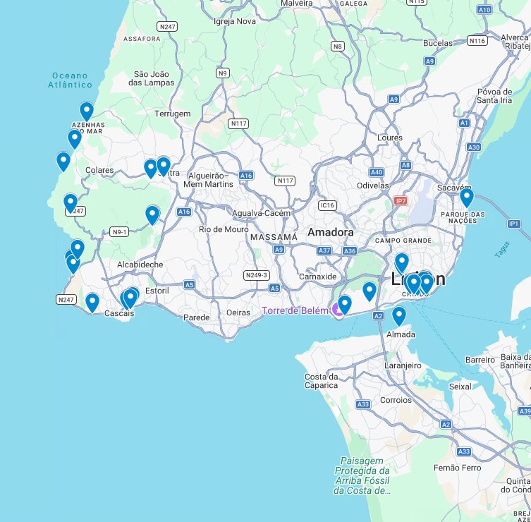 Google map with a pin on every romantic restaurant in this guide, from Sintra and Cascais to Lisbon