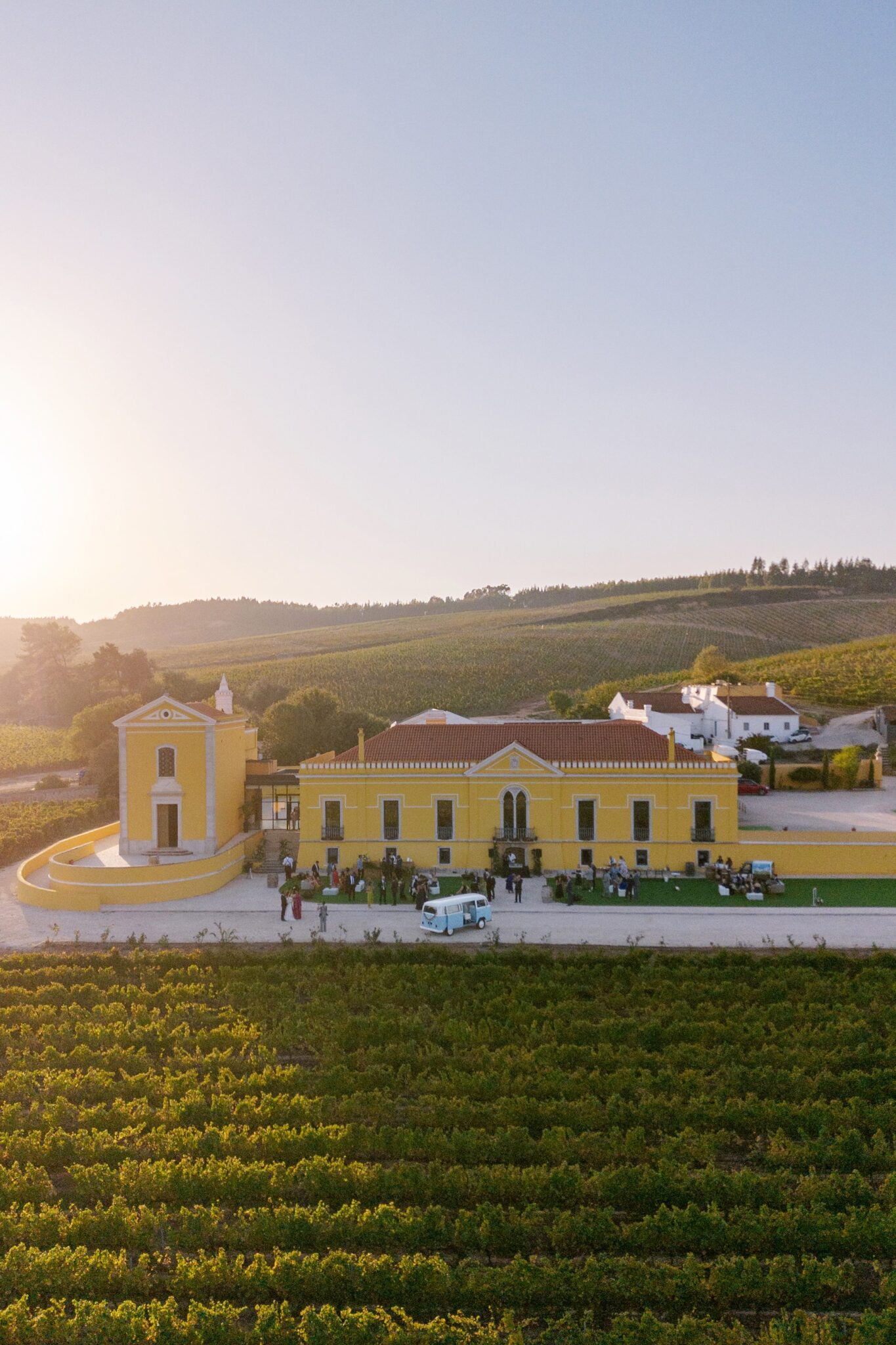 Aerial view of Quinta do Gradil and vineyards during wedding celebration in Portugal
